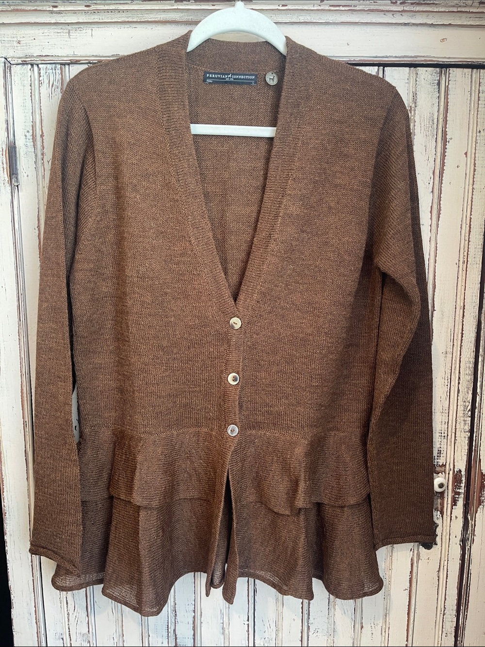 Peruvian Connection Brown Ruffle-Hem V-Neck Knit Cardigan